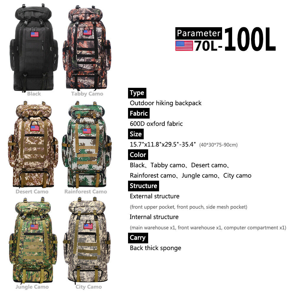 100l 80l Outdoor Military Molle Tactical Backpack Rucksack Camping Bag