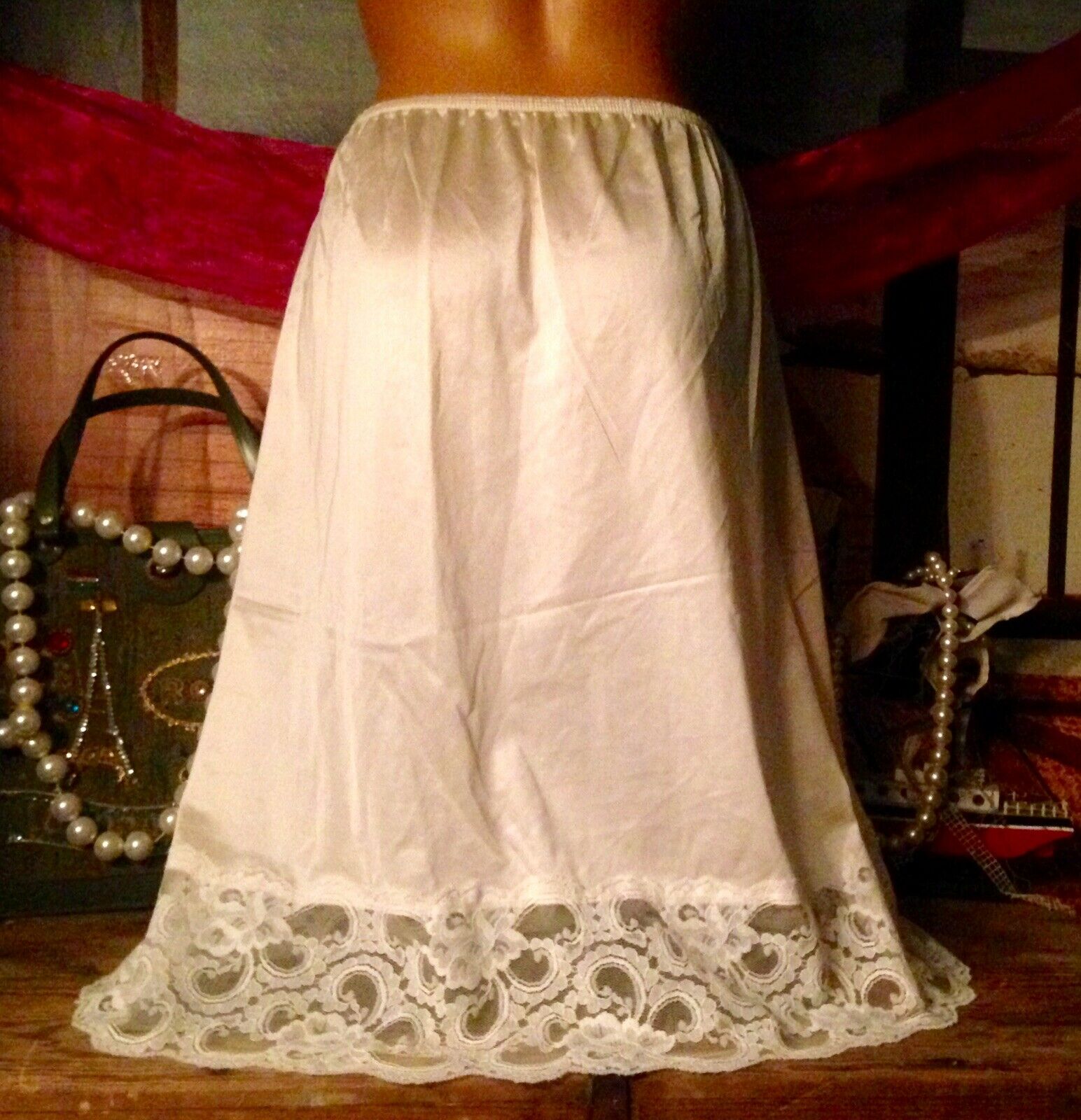 Vintage Half Slip Nylon Sexy Chiffon Lace Pin Up Petticoat Retro Lingerie S