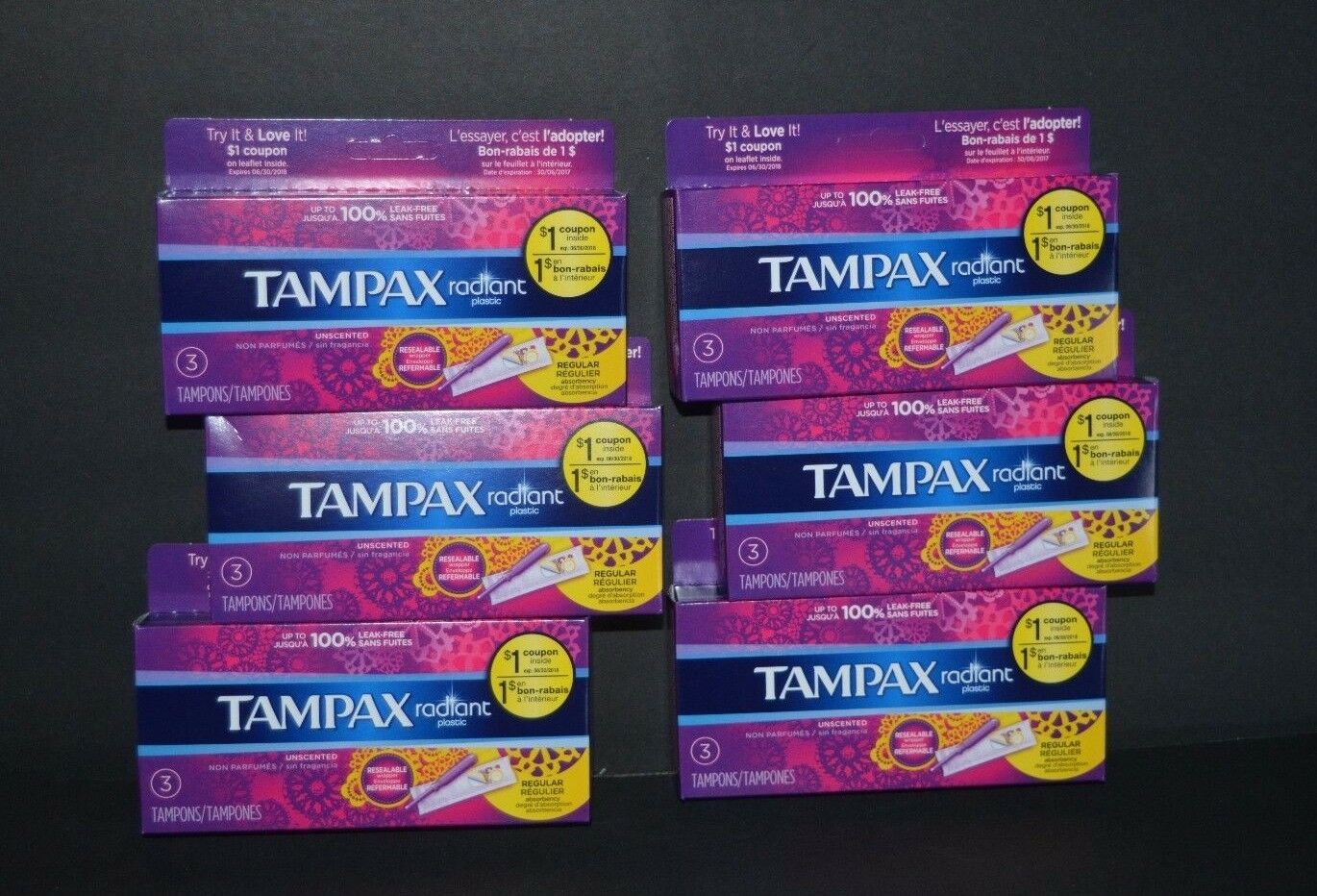 Tampax Radiant Tampons Regular Unscented 18 Leak Free Plastic Applicator 6816